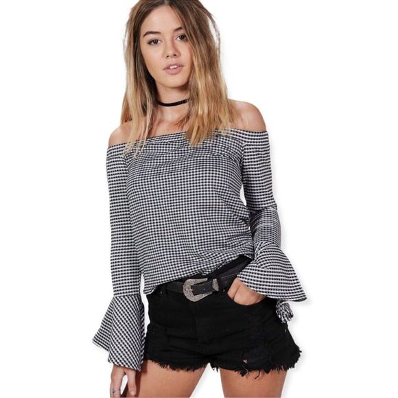🆕Boohoo Off The Shoulder Gingham Top - Picture 1 of 7